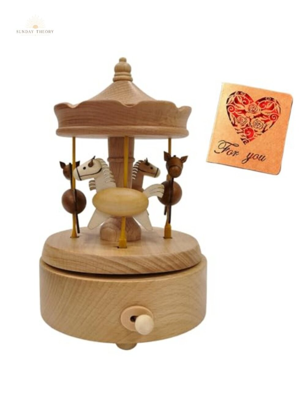 Wooden Carousel Music Box with Moving Horses, Wind-Up Vintage Decor